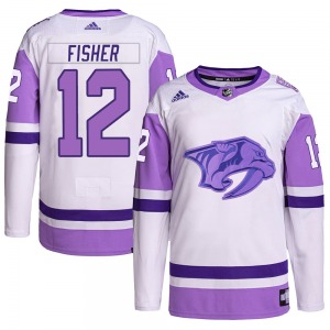 Authentic Adidas Youth Mike Fisher White/Purple Hockey Fights Cancer Primegreen Jersey - NHL Nashville Predators
