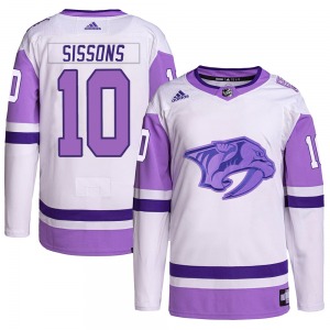 Authentic Adidas Youth Colton Sissons White/Purple Hockey Fights Cancer Primegreen Jersey - NHL Nashville Predators