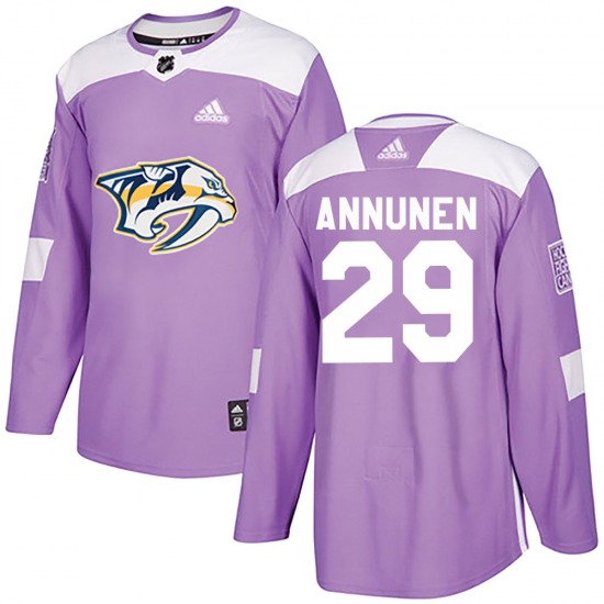 Authentic Adidas Youth Justus Annunen Purple Fights Cancer Practice Jersey - NHL Nashville Predators