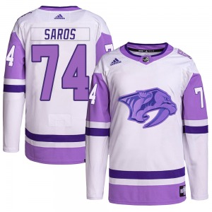 Authentic Adidas Youth Juuse Saros White/Purple Hockey Fights Cancer Primegreen Jersey - NHL Nashville Predators
